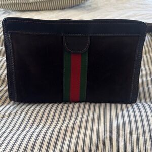 Vintage Gucci Brown Suede Sherry Line Clutch EUC,unbrand strap D rings 1980s